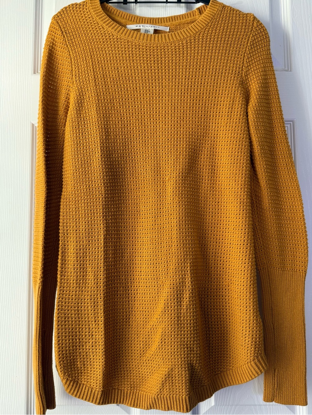 Max Studio Mustard Yellow Waffle Knit Crewneck Sweater Size Medium